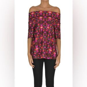 ASPESI Printed Cotton Geometric Off The Shoulder Blouse Red Pink Size 40 = US 4